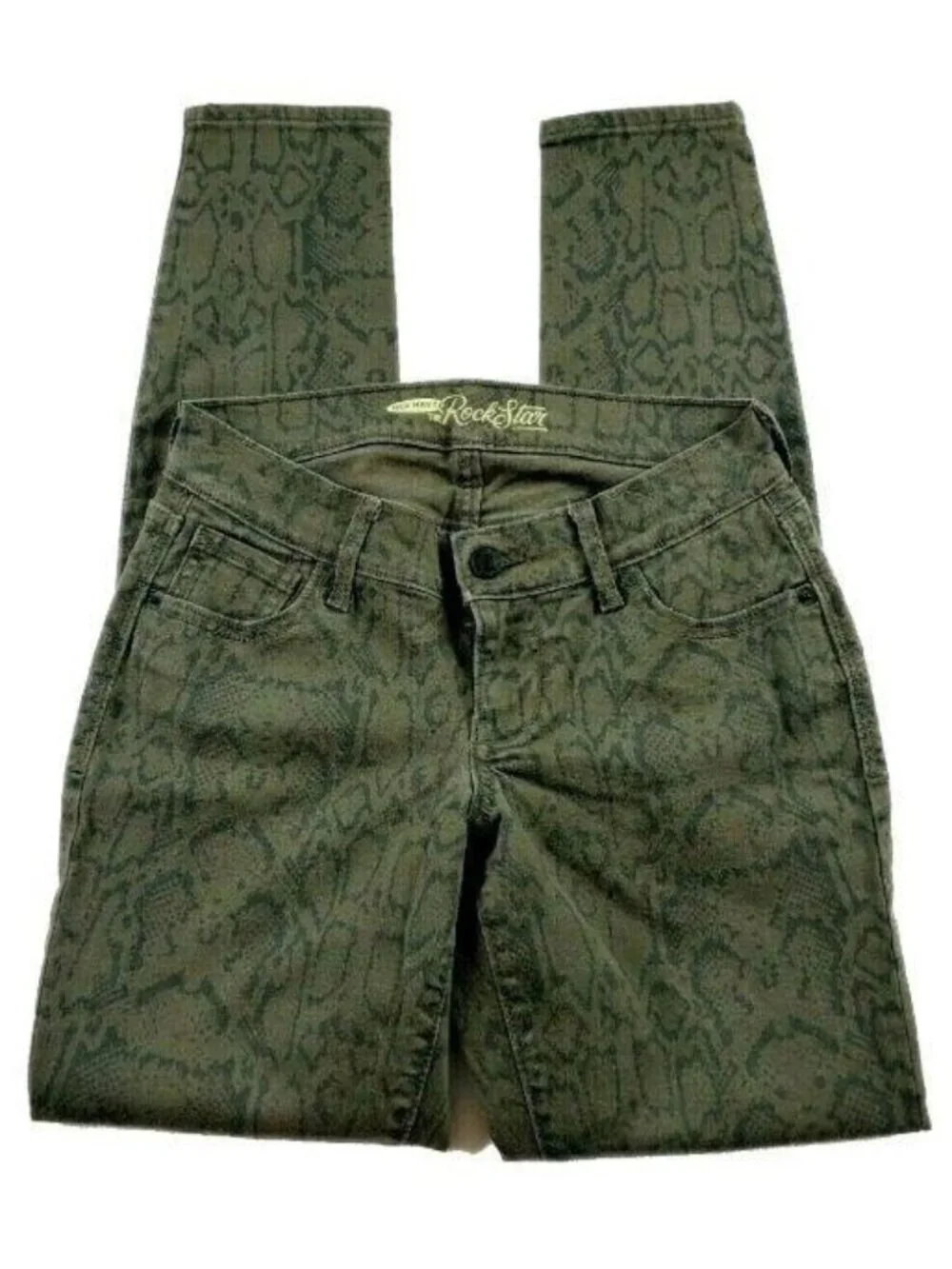 Old Navy Rockstar Jeans Size 2 Skinny Low Rise Green Snakeskin Print Denim Pants